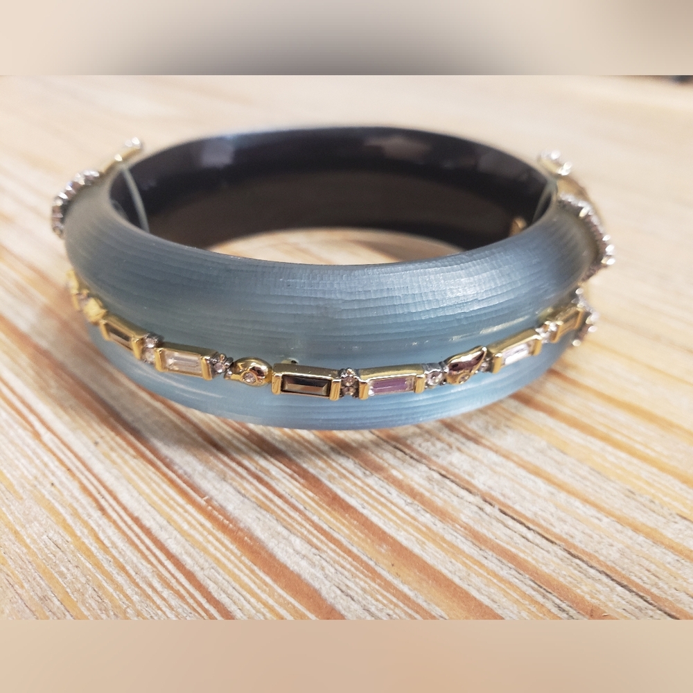 Alexis Bittar Ice Blue Lucite Gold Tone Baguettes Hinged Bangle Bracelet